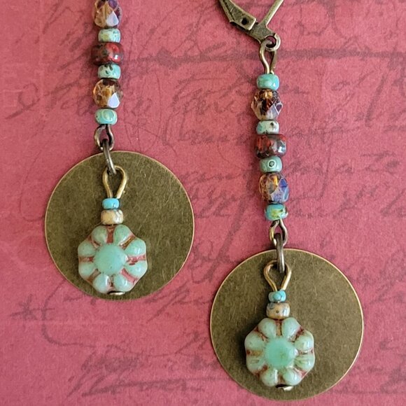 Czech CACTUS FLOWER Fire polish Picasso Bead Earrings Bronze Brass Lever Back - Picture 3 of 5